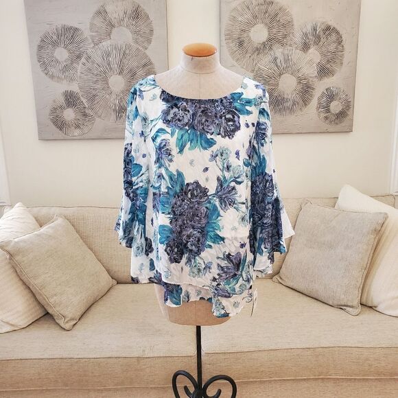 ALEX EVENINGS | Ruffle Bell Sleeve Chiffon Floral Blouse - [1X, Ivory/Teal/Blue] - Picture 2 of 11